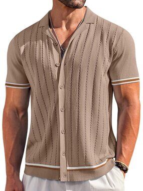 Men's Dark Beige Short Sleeve Knit Casual Button Down Vintage Striped Top Shirt